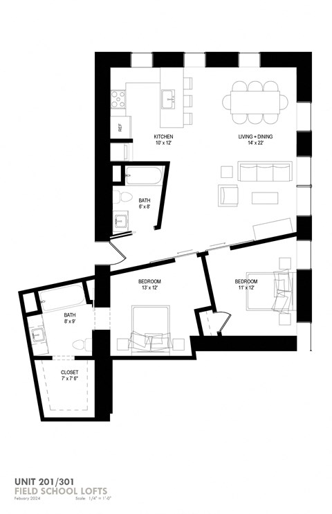 Floor plan for 2 beds, 2 baths, 1093 sqft